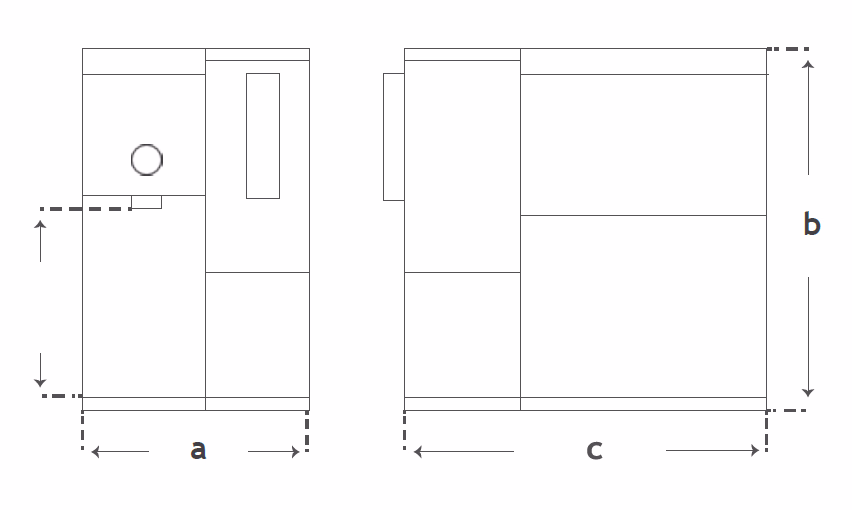 Dimensiones Ósmosis Smart: Medidas Compactas para el Hogar Diagrama técnico con las dimensiones-osmosis-smart (alto, ancho y fondo) de un equipo de filtración de agua compacto.