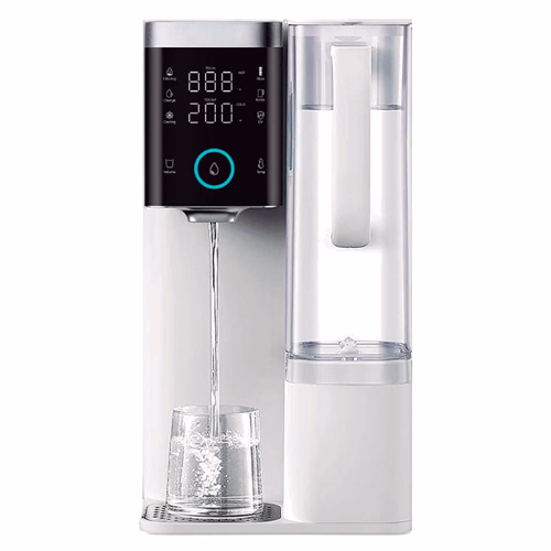 Imagen del sistema de purificador de agua con osmosis smart compacto, mostrando la pantalla digital de control y el grifo dispensador.