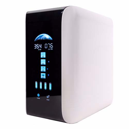 Purificador de agua UltraDetox H2 de diseño elegante, mostrando sus filtros avanzados y el agua enriquecida con hidrógeno. Solución de filtración premium.